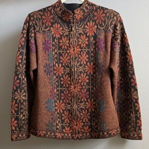 Intiwara Peruvian Connection 100% alpaca zip front floral fair isle cardigan S